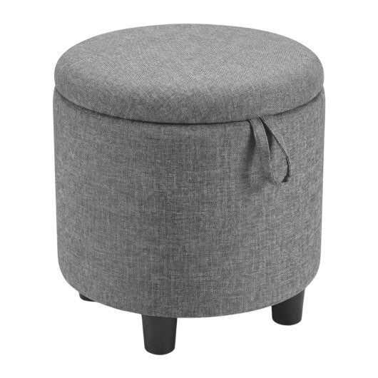Round Storage Ottoman Linen Fabric Upholstered Footrest Stool-Gray