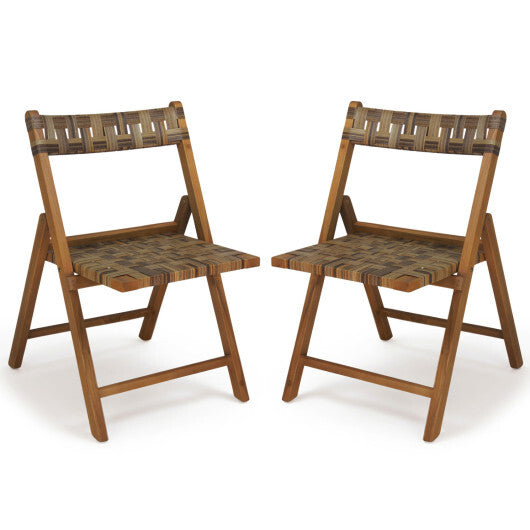 Teak Folding Chairs Set of 2 with Hand-Woven Rattan and Contoured Back