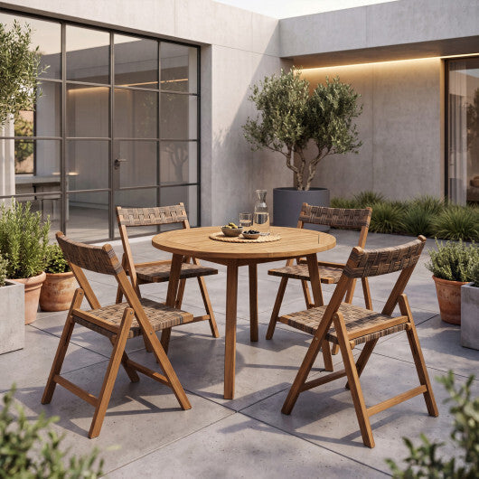 Teak Folding Chairs Set of 2 with Hand-Woven Rattan and Contoured Back