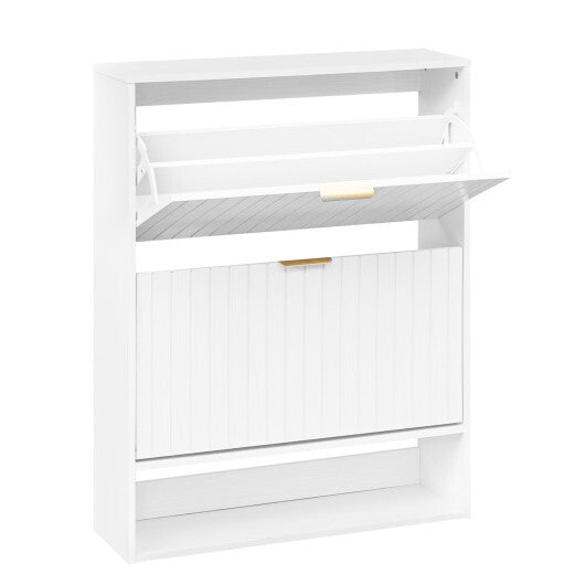Fluted Hidden Shoe Cabinet with 2 Flip Drawers and Open Storage-Walnut