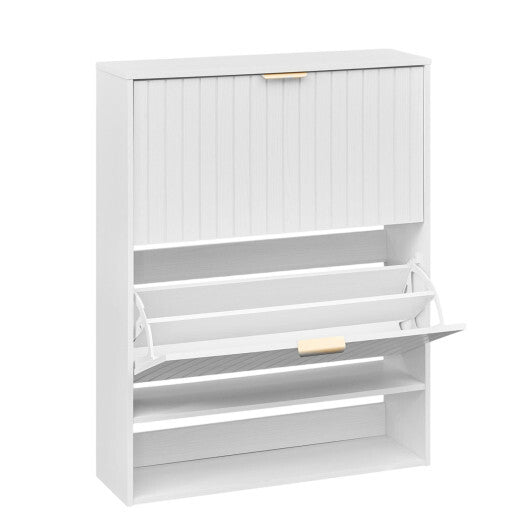 Fluted Hidden Shoe Cabinet with 2 Flip Drawers and Open Storage-Walnut