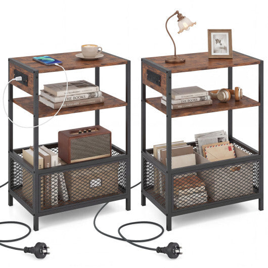 3-Tier Industrial Side Table Set of 2 with 2 AC Outlets and 1 Type-C Ports-Rustic Brown