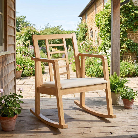 Wooden Rocking Chair with Upholstered Seat and Ladder Back for Living Room-Brown