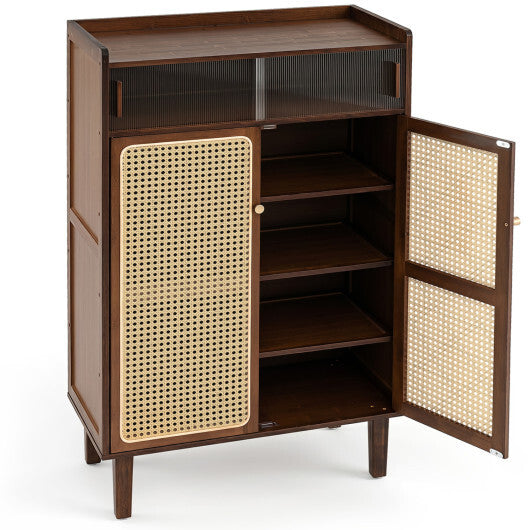 5-Tier Bamboo Shoe Cabinet with Woven Rattan Doors and Sliding Doors for Entryway-Walnut