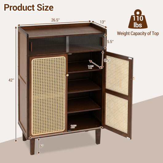 5-Tier Bamboo Shoe Cabinet with Woven Rattan Doors and Sliding Doors for Entryway-Walnut