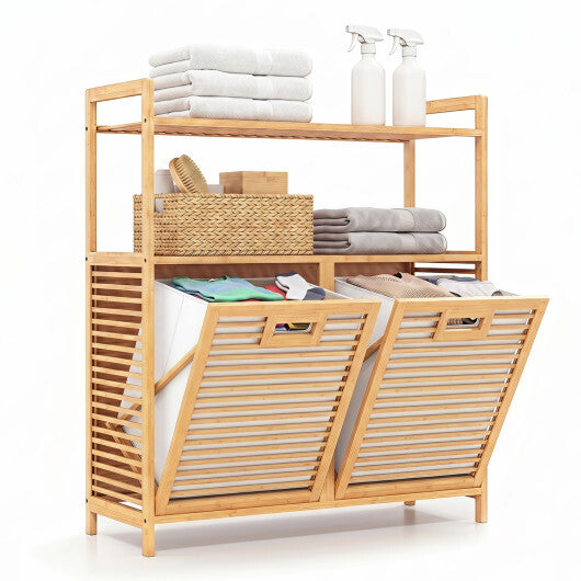 Double Tilt Out Laundry Hamper with 2 Shelves for Dirty Clothes-Natural