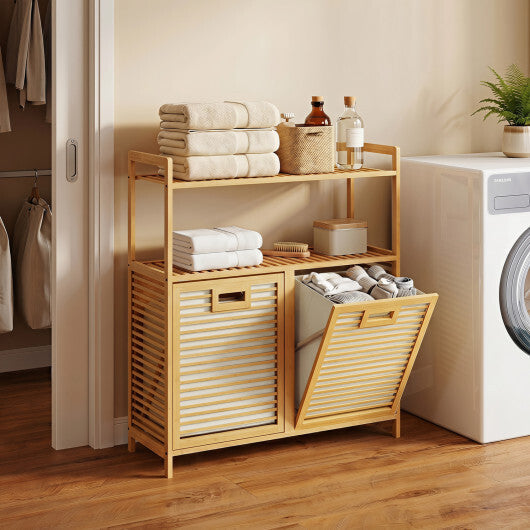 Double Tilt Out Laundry Hamper with 2 Shelves for Dirty Clothes-Natural