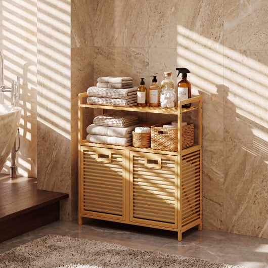 Double Tilt Out Laundry Hamper with 2 Shelves for Dirty Clothes-Natural