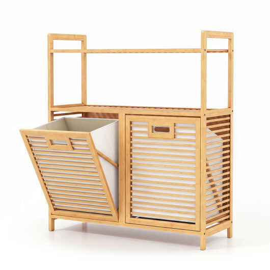 Double Tilt Out Laundry Hamper with 2 Shelves for Dirty Clothes-Natural