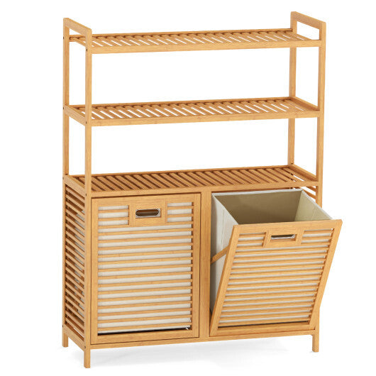 Double Tilt Out Laundry Hamper with 3 Shelves and 2 Removable Baskets for Dirty Clothes-Natural