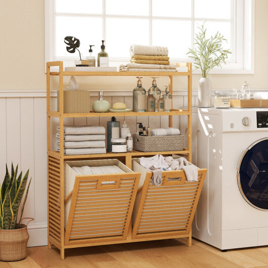 Double Tilt Out Laundry Hamper with 3 Shelves and 2 Removable Baskets for Dirty Clothes-Natural