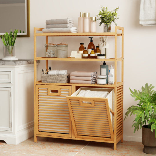 Double Tilt Out Laundry Hamper with 3 Shelves and 2 Removable Baskets for Dirty Clothes-Natural