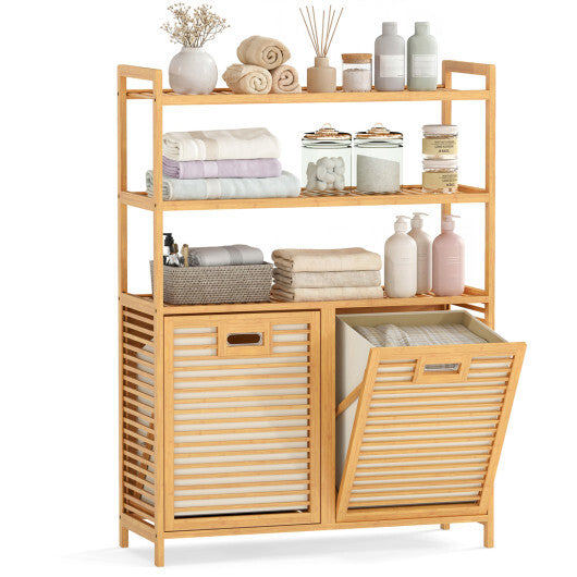 Double Tilt Out Laundry Hamper with 3 Shelves and 2 Removable Baskets for Dirty Clothes-Natural