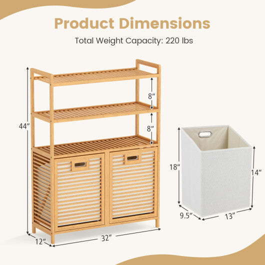 Double Tilt Out Laundry Hamper with 3 Shelves and 2 Removable Baskets for Dirty Clothes-Natural