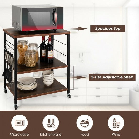 3-Tier Kitchen Baker's Rack Microwave Oven Storage Cart with Hooks-Rustic Brown