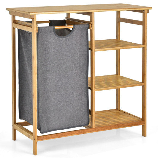 Bamboo Laundry Hamper Stand with Removable Sliding Bag and 3-Tier Open Shelves - Color: Natural