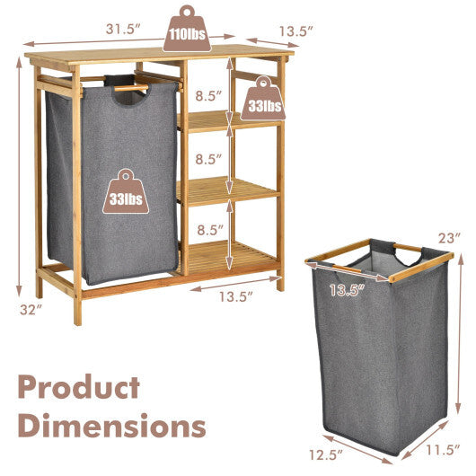 Bamboo Laundry Hamper Stand with Removable Sliding Bag and 3-Tier Open Shelves - Color: Natural