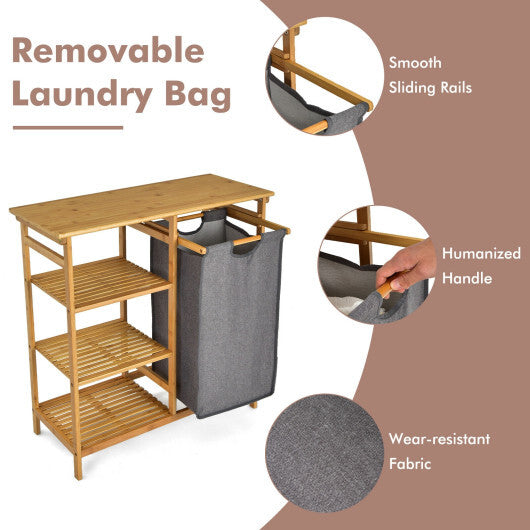 Bamboo Laundry Hamper Stand with Removable Sliding Bag and 3-Tier Open Shelves - Color: Natural