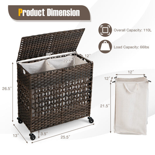110L 2-Section Laundry Hamper with 2 Removable and Washable Liner Bags-Brown - Color: Brown