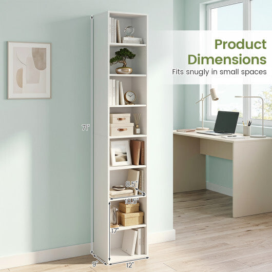 8-Tier Narrow Bookshelf with 4 Adjustable Shelves and Storage Cubes-Black