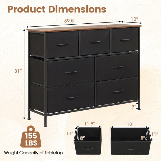 7-Drawer Wide Dresser with 2-Sized Folding Fabric Drawers for Bedroom-Black