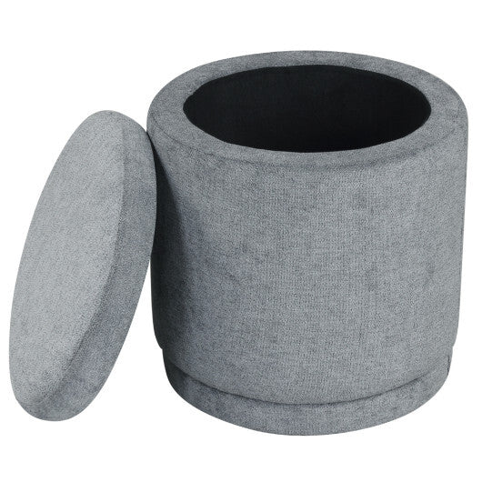 Round Storage Ottoman Foot Rest with Removable Lid and Acacia Wood Frame-Gray