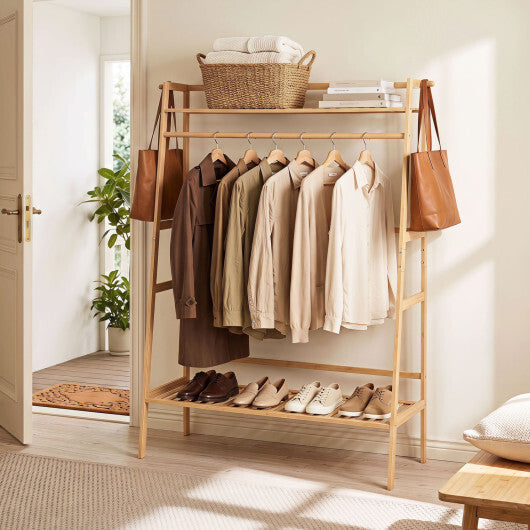 Bamboo Clothing Garment Rack Freestanding Open Wardrobe Organizer with Hanging Rod-Natural