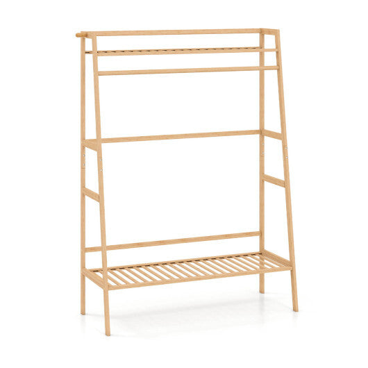 Bamboo Clothing Garment Rack Freestanding Open Wardrobe Organizer with Hanging Rod-Natural