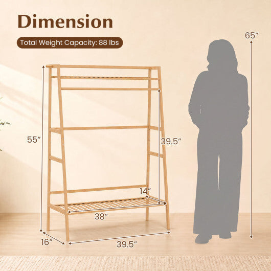Bamboo Clothing Garment Rack Freestanding Open Wardrobe Organizer with Hanging Rod-Natural