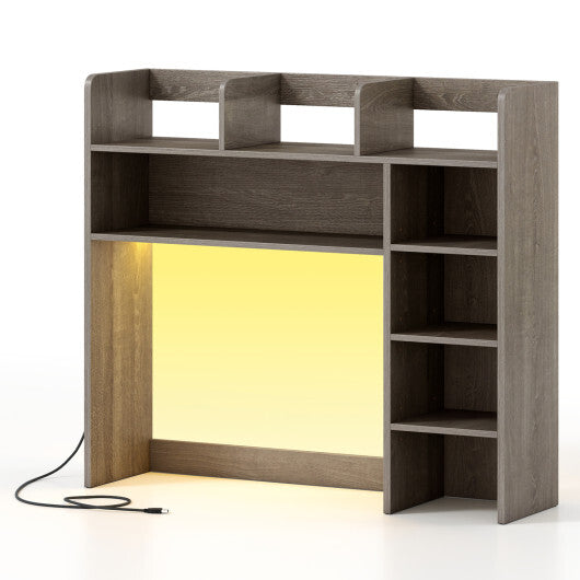 Desktop Bookshelf with LED Lights 35.5 inch Desk Hutch Storage Organizer-Oak