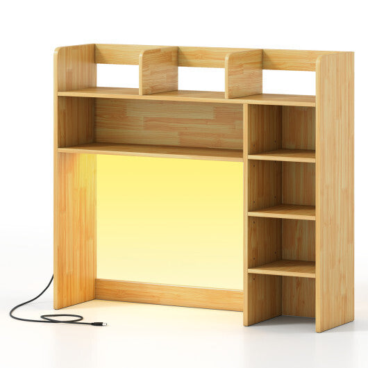 Desktop Bookshelf with LED Lights 35.5 inch Desk Hutch Storage Organizer-Oak