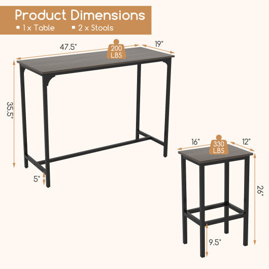 Industrial 3-Piece 47.5" Counter-Height Dining Table and 2 Bar Stools-Coffee