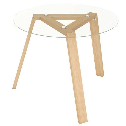 36 Inches Round Glass Dining Table for 4 with Rubber Wood Frame-Natural