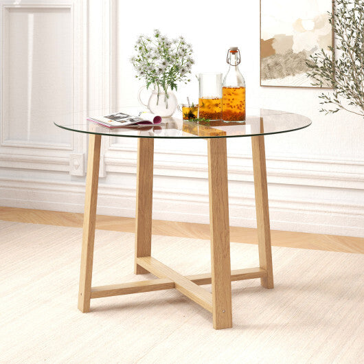 42 Inches Round Glass Dining Table with Tempered Glass Tabletop and Rubber Wood Legs-Natural