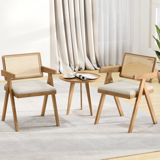 Set of 2 Rattan Accent Chairs with Padded Cushion and Rubber Wood Frame-Gray