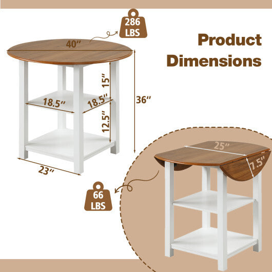 Folding Round Dining Table Drop Leaf Table with 2 Shelves for Small Spaces-White