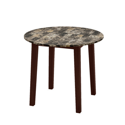 35 Inch Round Dining Table with Rubber Wood Legs and Marble-textured Veneer Tabletop-Brown