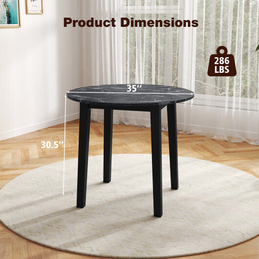 35 Inch Round Dining Table with Rubber Wood Legs and Marble-textured Veneer Tabletop-Brown