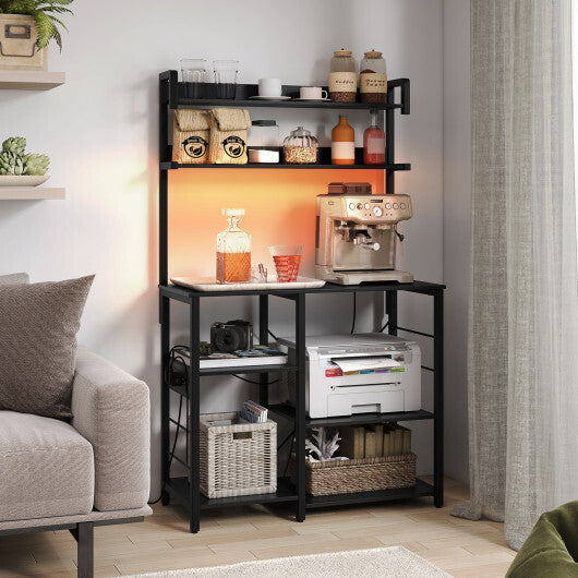 Kitchen Bakers Rack with Power Outlet 5-Tier Microwave Oven Stand with LED Lights-Black