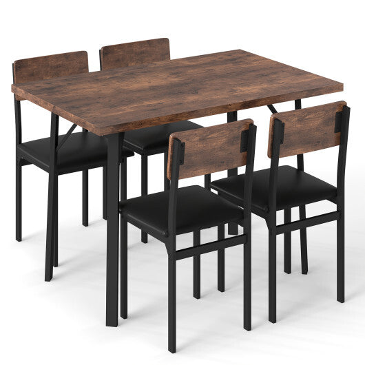 5-Piece Dining Table Set for 4 People Industrial Kitchen Table and 4 PU Leather Chairs-Brown