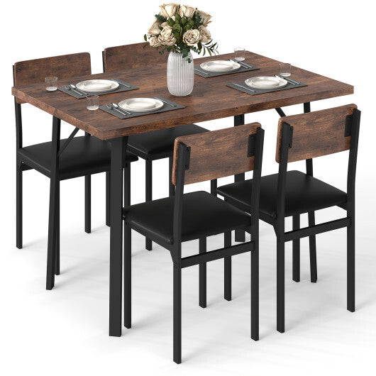 5-Piece Dining Table Set for 4 People Industrial Kitchen Table and 4 PU Leather Chairs-Brown