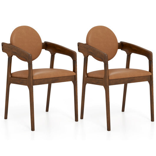 Set of 2 Wooden Dining Chair PU Leather Upholstered Armchairs-Brown