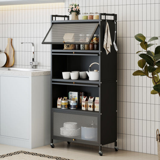 5-Tier Kitchen Storage Cabinet with 4 Flip-up PC Doors Adjustable Feet and Rolling Wheels-White