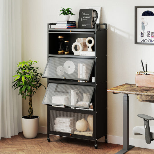 5-Tier Kitchen Storage Cabinet with 4 Flip-up PC Doors Adjustable Feet and Rolling Wheels-White