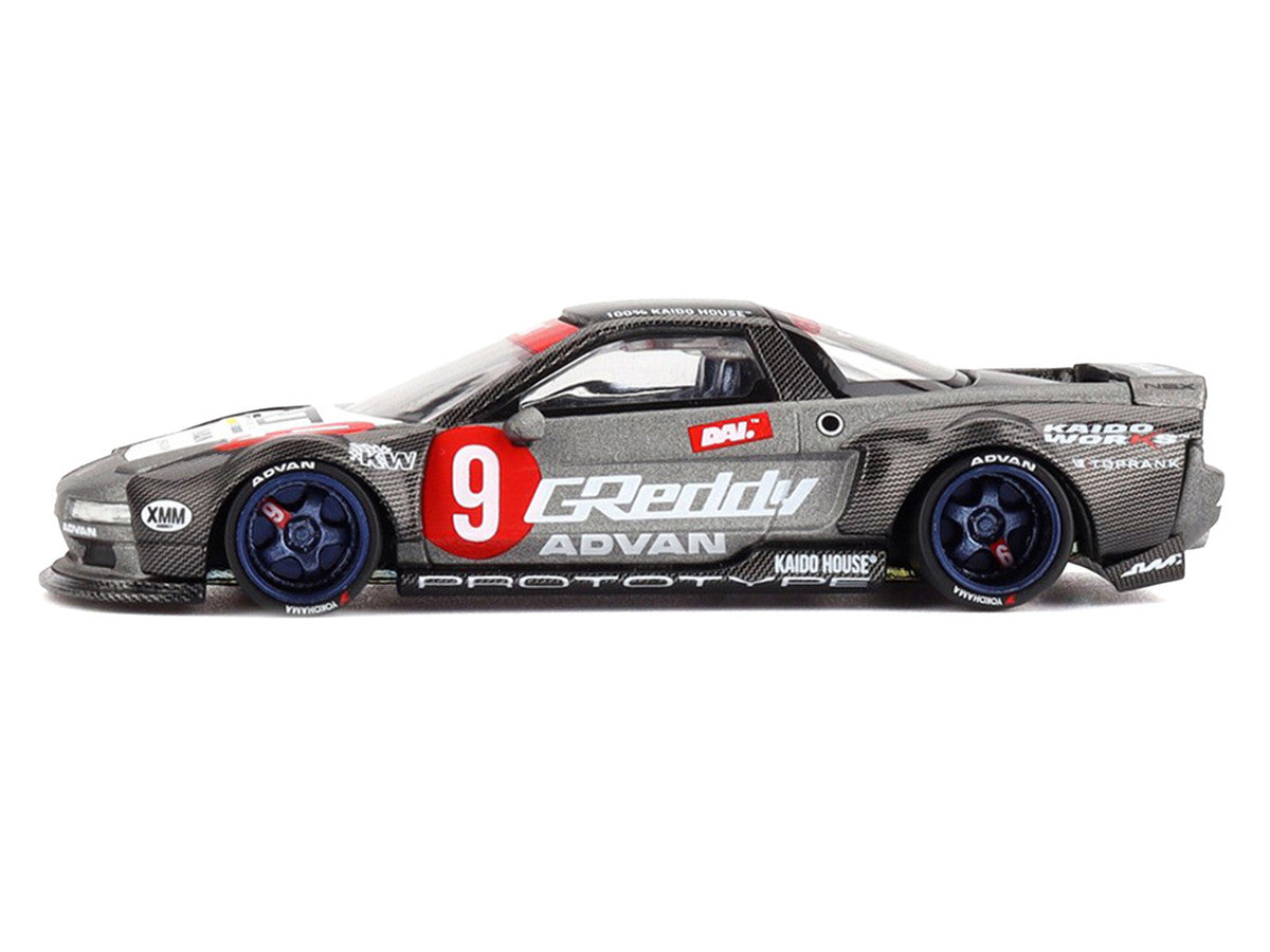 Honda NSX "Kaido Test Car Spec V1" #9 Gray Metallic with Carbon Top and Graphics (Designed by Jun Imai) "Kaido House" Special 1/64 Diecast Model Car by Mini GT