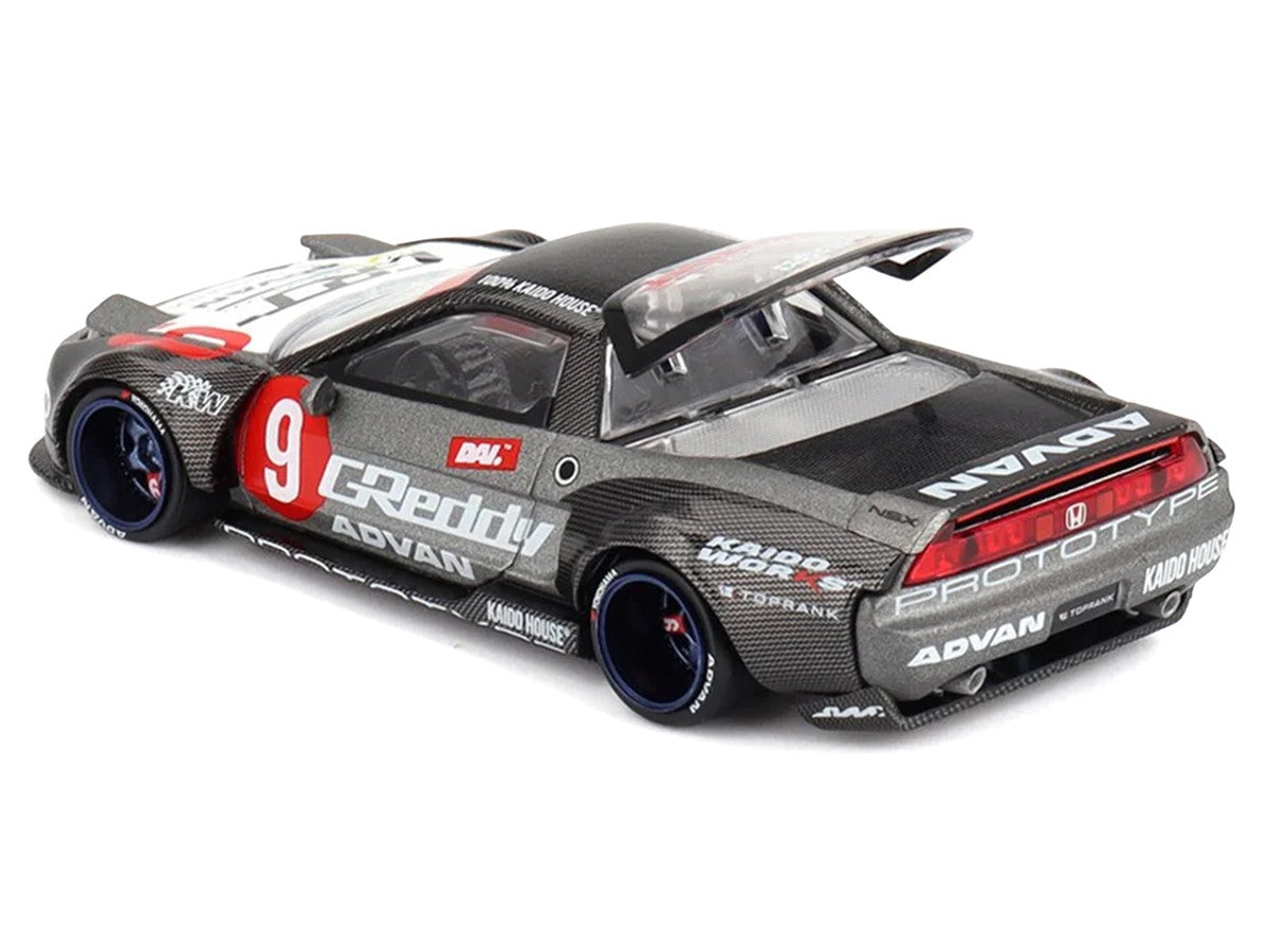 Honda NSX "Kaido Test Car Spec V1" #9 Gray Metallic with Carbon Top and Graphics (Designed by Jun Imai) "Kaido House" Special 1/64 Diecast Model Car by Mini GT