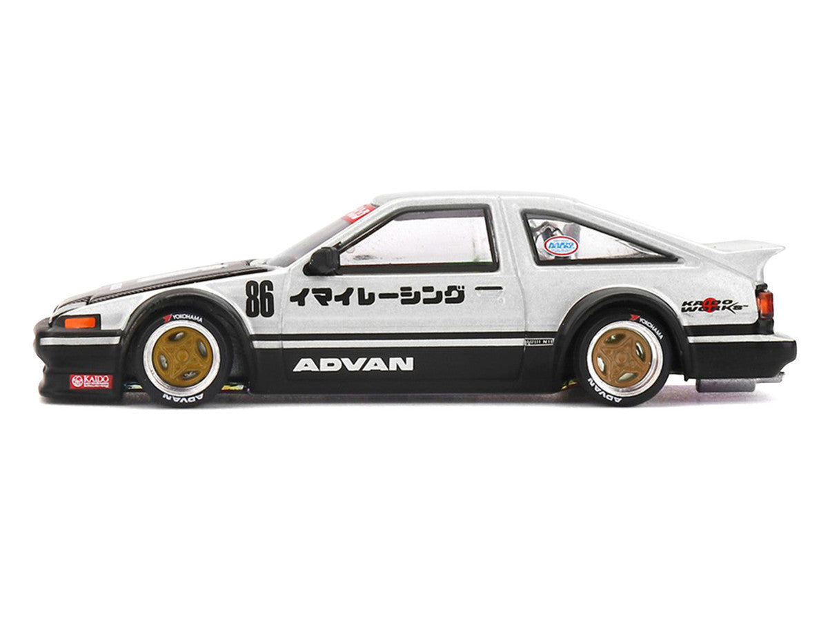 Toyota AE86 Sprinter Trueno RHD (Right Hand Drive) #86 "Kaido Street V2" Silver Metallic and Black with Carbon Hood and Graphics (Designed by Jun Imai) "Kaido House" 1/64 Die Cast Model Car by Mini GT