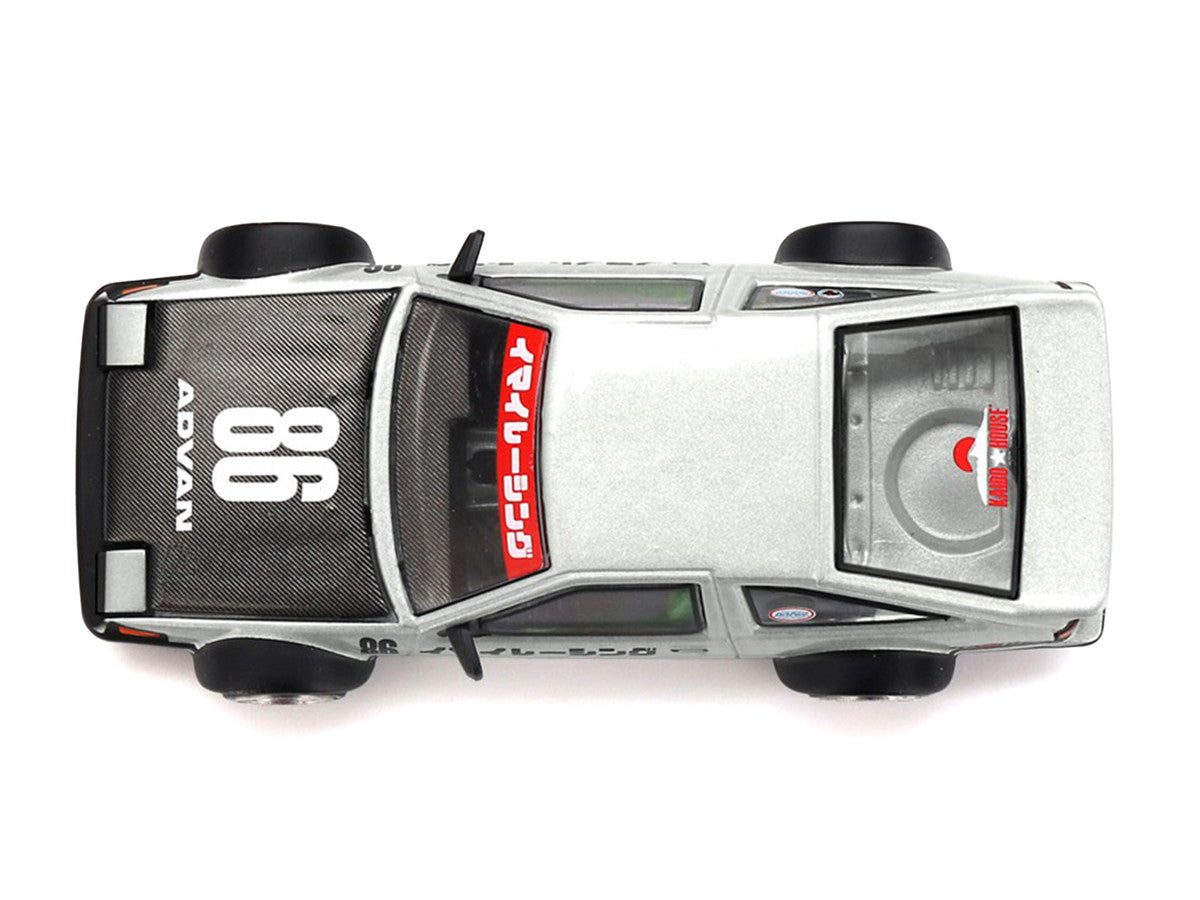 Toyota AE86 Sprinter Trueno RHD (Right Hand Drive) #86 "Kaido Street V2" Silver Metallic and Black with Carbon Hood and Graphics (Designed by Jun Imai) "Kaido House" 1/64 Die Cast Model Car by Mini GT