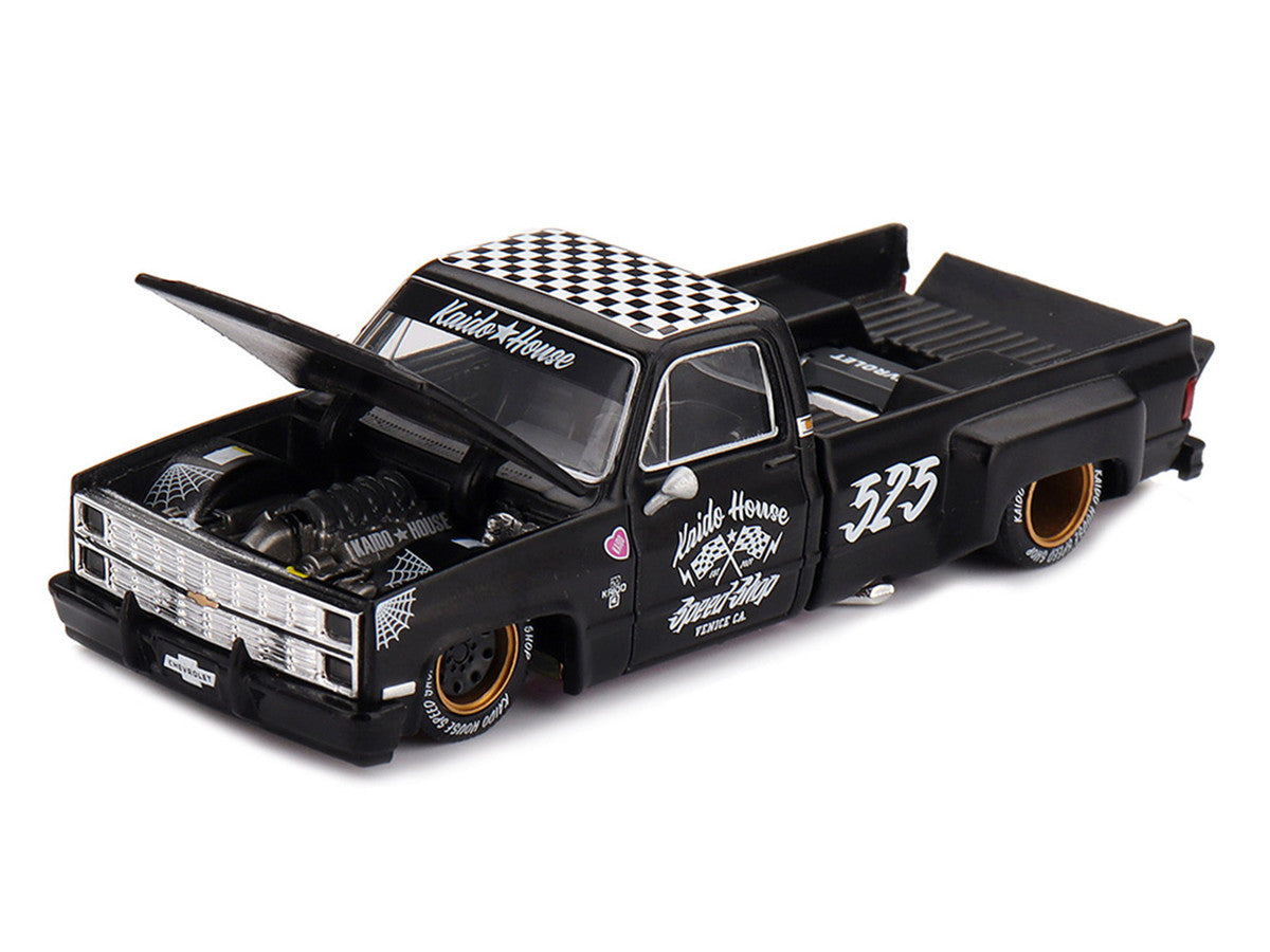 Chevrolet Silverado Dually Pickup Truck "Hot Rod V1" Matt Black with Checkered Top and Graphics (Designed by Jun Imai) "Kaido House" Special 1/64 Diecast Model Car by Mini GT