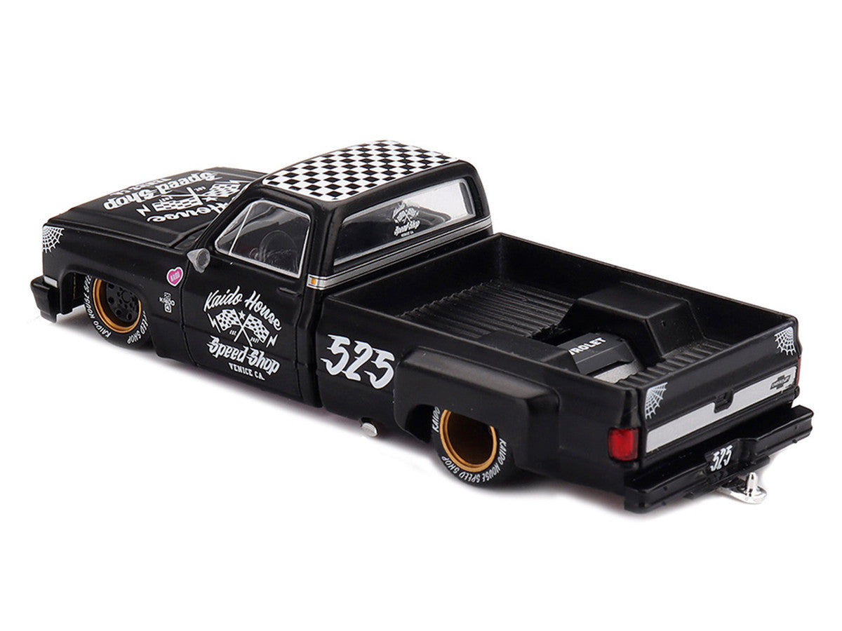 Chevrolet Silverado Dually Pickup Truck "Hot Rod V1" Matt Black with Checkered Top and Graphics (Designed by Jun Imai) "Kaido House" Special 1/64 Diecast Model Car by Mini GT